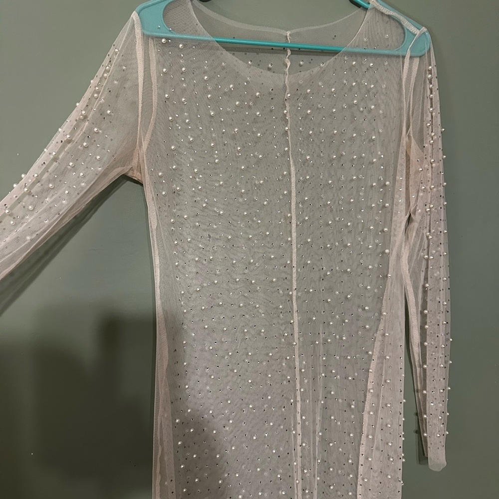 Sheer Pearl-Embellished Long Sleeve Dress
